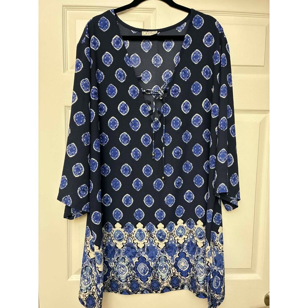 J Valdi Blue Medallion Print Tunic Dress Women's Plus Size Boho Long Sleeve